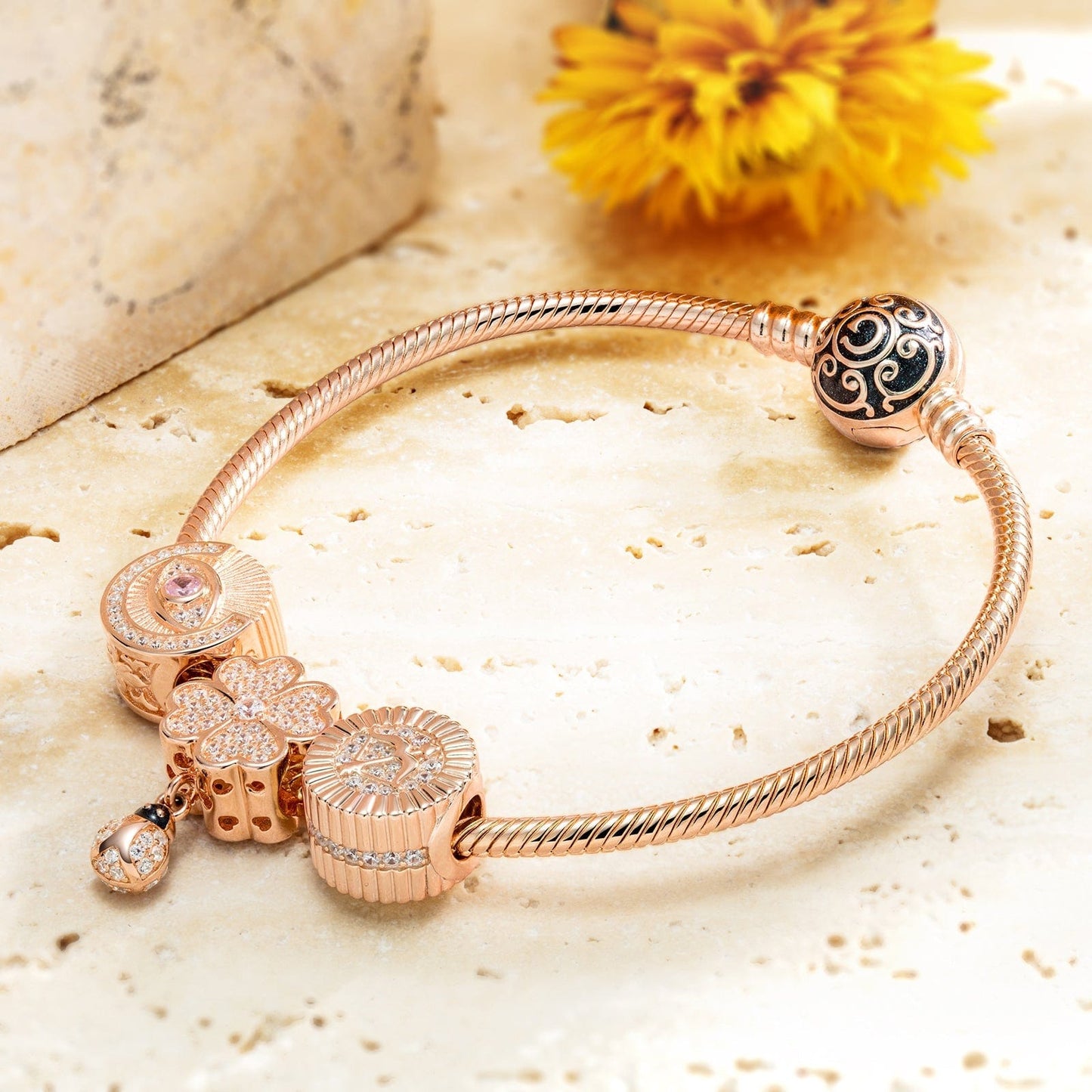 Encounter With Clover Tarnish-resistant Silver Dangle Charms In Rose Gold Plated