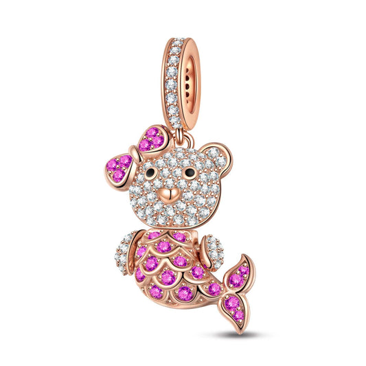 gona- Pink Mermaid Bear Tarnish-resistant Silver Dangle Charms With Enamel In Rose Gold Plated