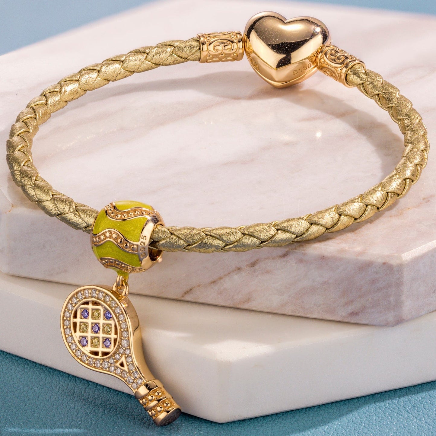 Tennis Challenge Tarnish-resistant Silver Dangle Charms With Enamel In 14K Gold Plated