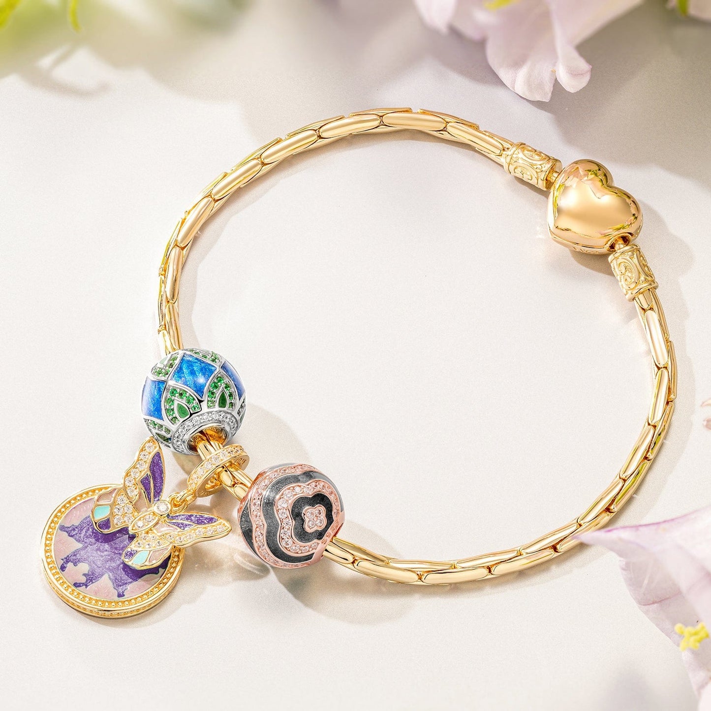 Green Summer's Butterfly Tarnish-resistant Silver Dangle Charms With Enamel In 14K Gold Plated