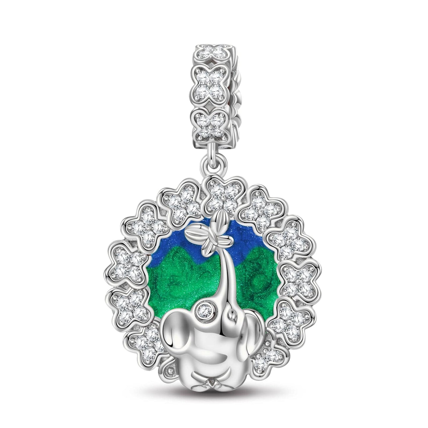 Elephant and Butterfly Tarnish-resistant Silver Animal Dangle Charms With Enamel In White Gold Plated