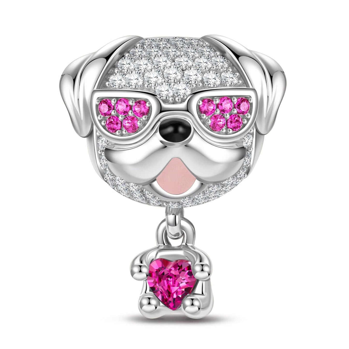 Bulldog in Sunglasses Tarnish-resistant Silver Animal Dangle Charms With Enamel In White Gold Plated - Heartful Hugs Collection