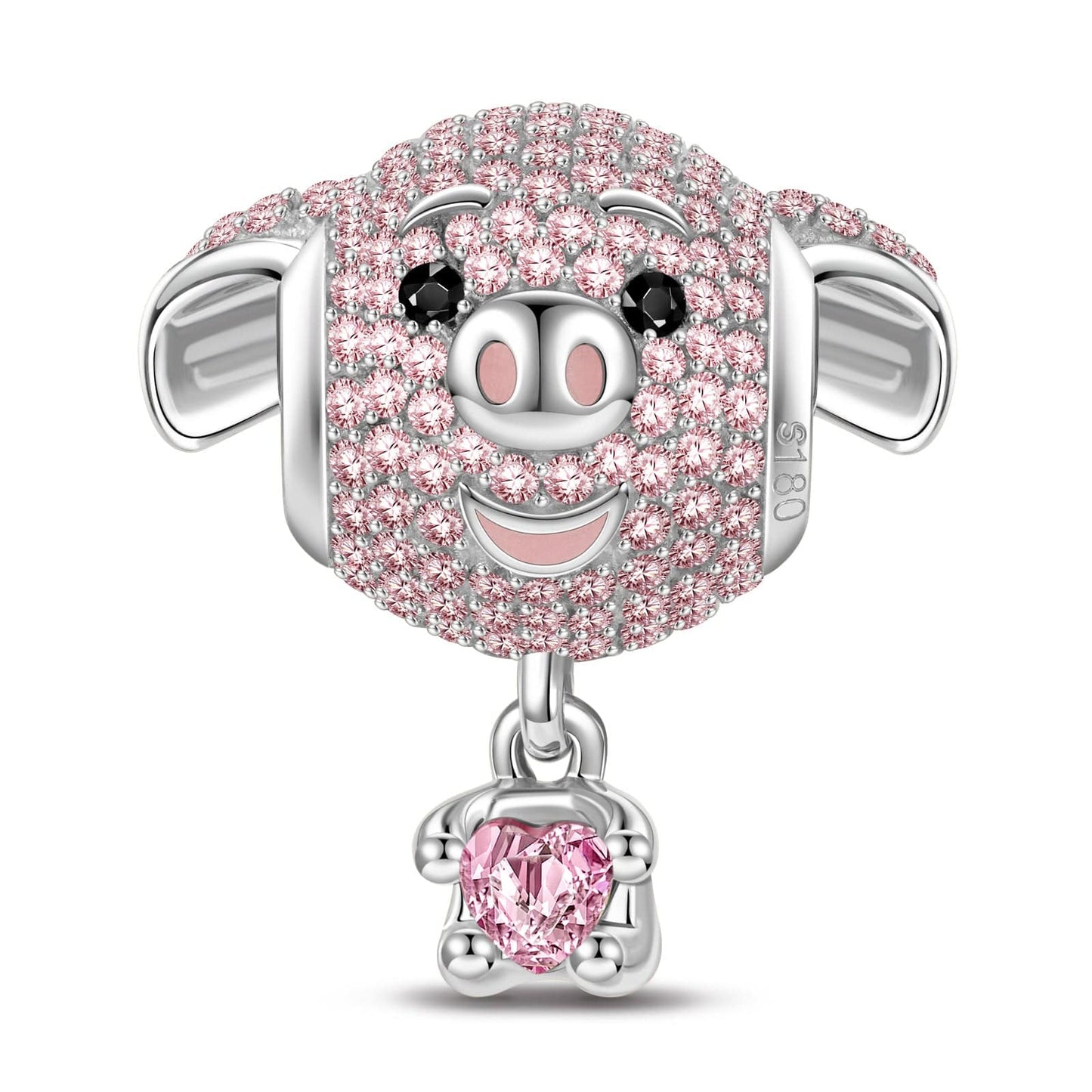 Love Hug Piggy Tarnish-resistant Silver Animal Dangle Charms With Enamel In White Gold Plated - Heartful Hugs Collection