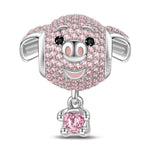 Love Hug Piggy Tarnish-resistant Silver Animal Dangle Charms With Enamel In White Gold Plated - Heartful Hugs Collection