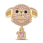 Love Hug Piggy Tarnish-resistant Silver Animal Dangle Charms With Enamel In 14K Gold Plated - Heartful Hugs Collection