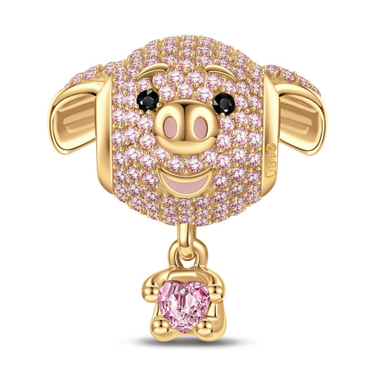 gona- Love Hug Piggy Tarnish-resistant Silver Animal Dangle Charms With Enamel In 14K Gold Plated - Heartful Hugs Collection