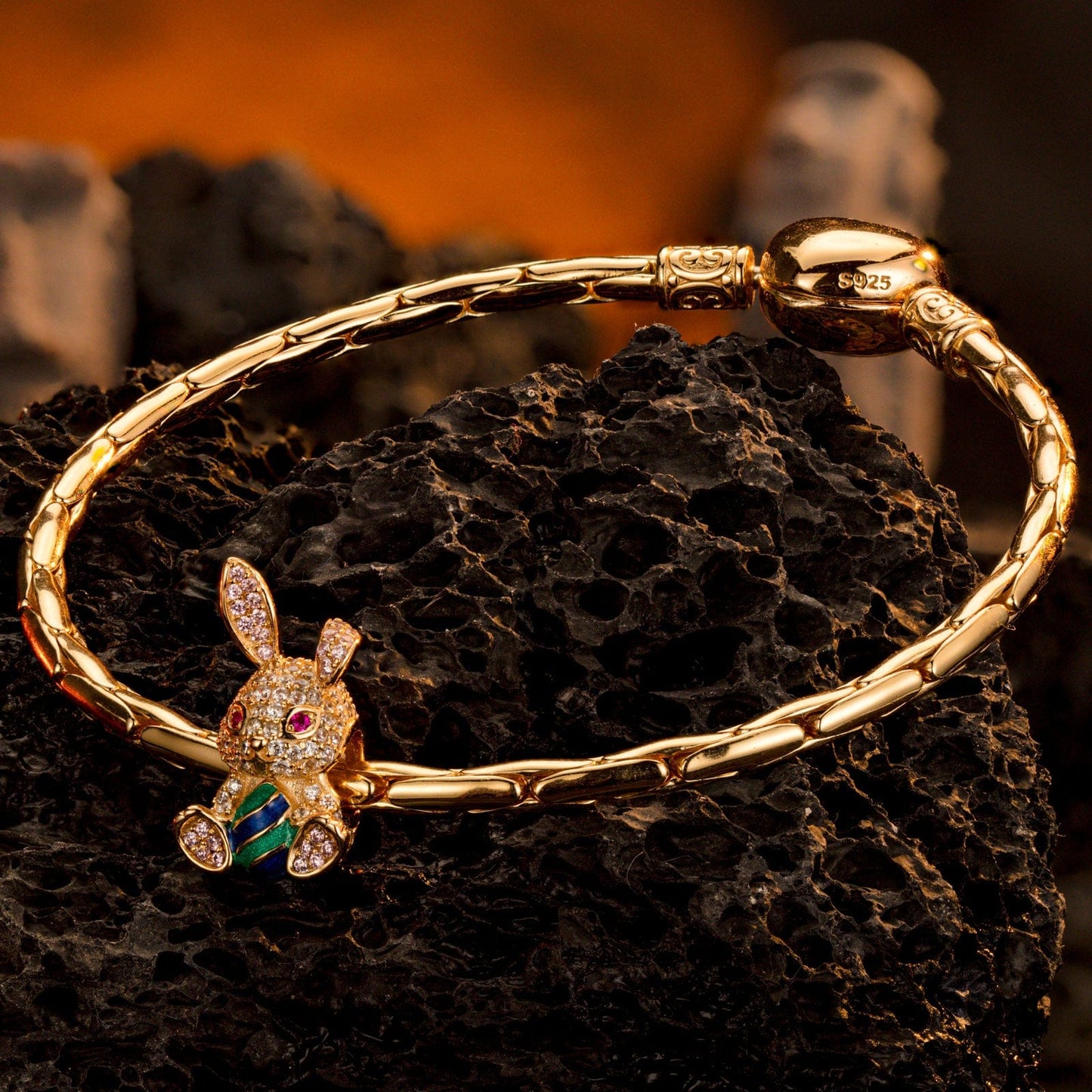 Shining Easter Bunny Tarnish-resistant Silver Charms With Enamel In 14K Gold Plated
