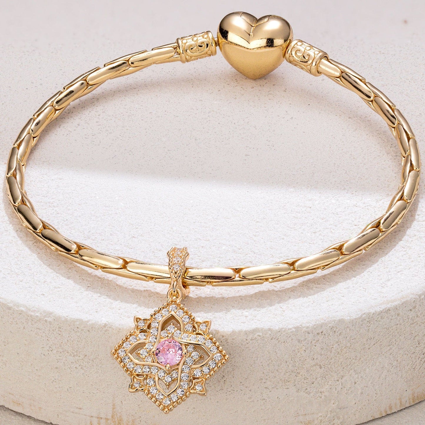 Quatrefoil Rose October Birthstone Tarnish-resistant Silver Dangle Charms In 14K Gold Plated