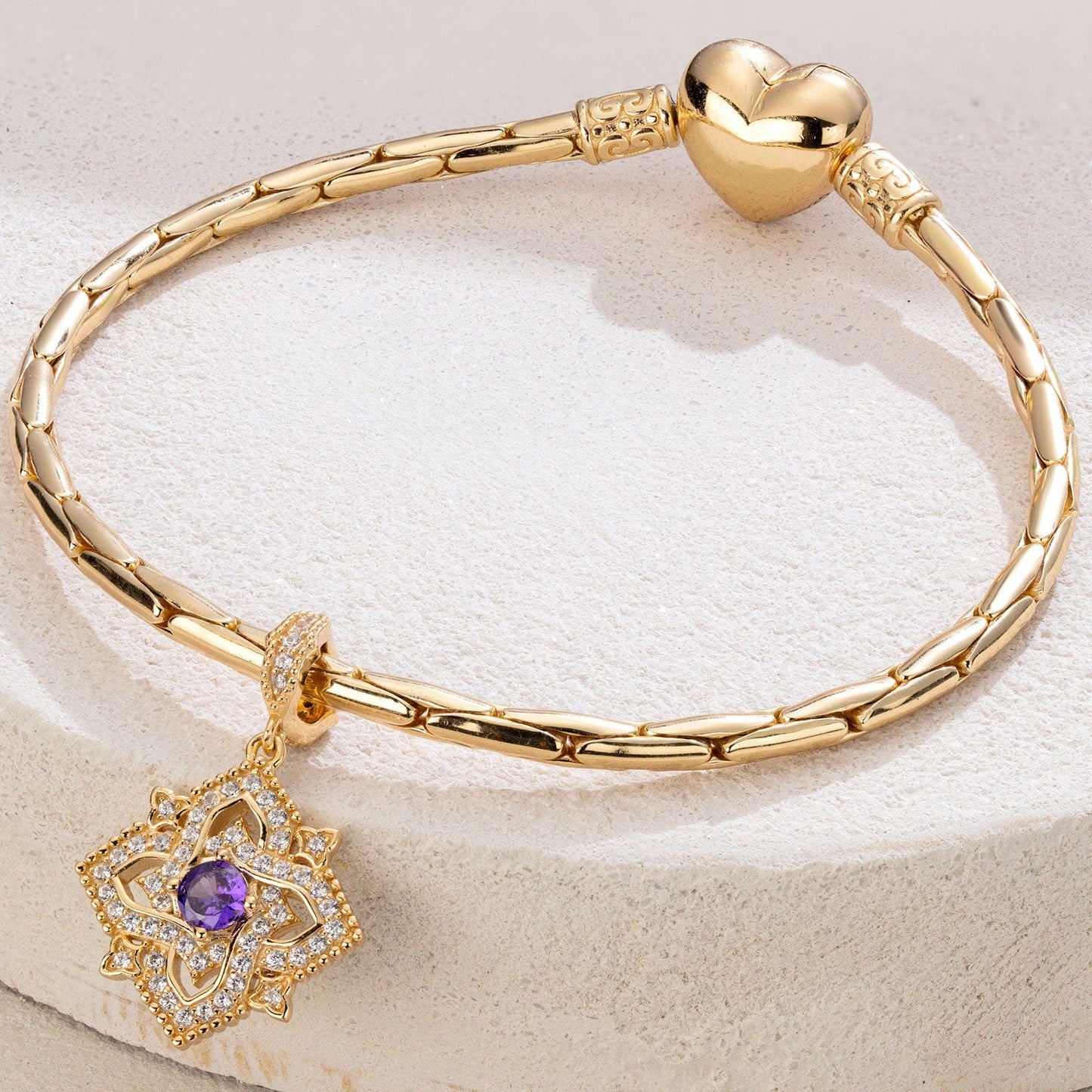Quatrefoil Rose February Birthstone Tarnish-resistant Silver Dangle Charms In 14K Gold Plated