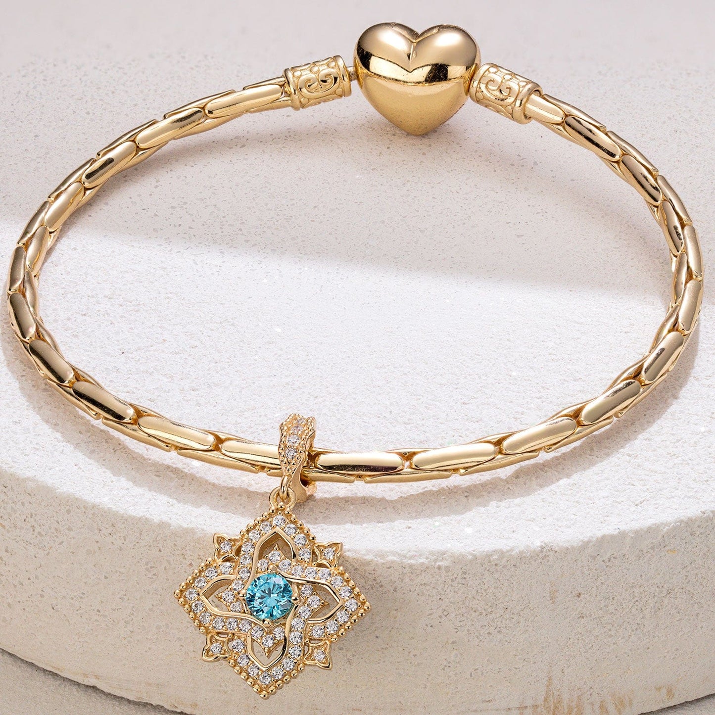 Quatrefoil Rose March Birthstone Tarnish-resistant Silver Dangle Charms In 14K Gold Plated