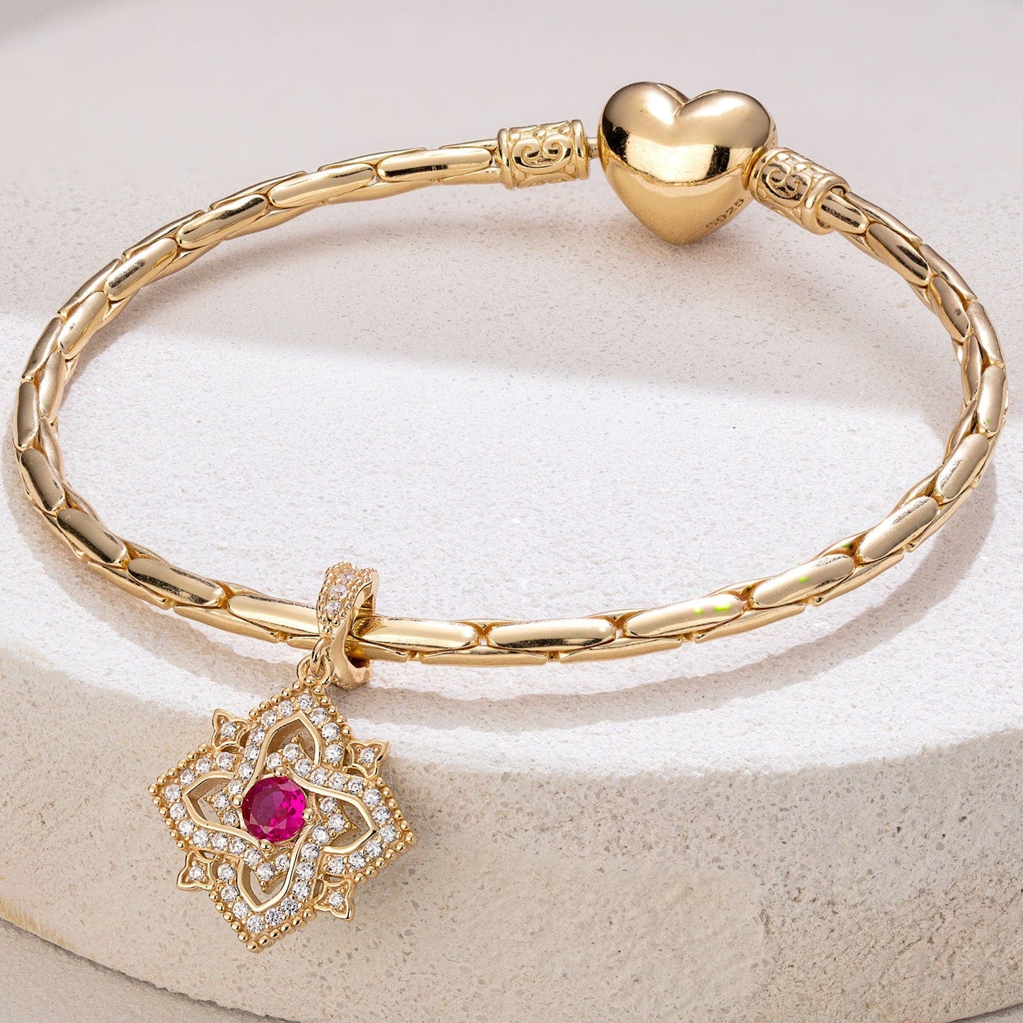 Quatrefoil Rose July Birthstone Tarnish-resistant Silver Dangle Charms In 14K Gold Plated