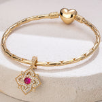 Quatrefoil Rose July Birthstone Tarnish-resistant Silver Dangle Charms In 14K Gold Plated