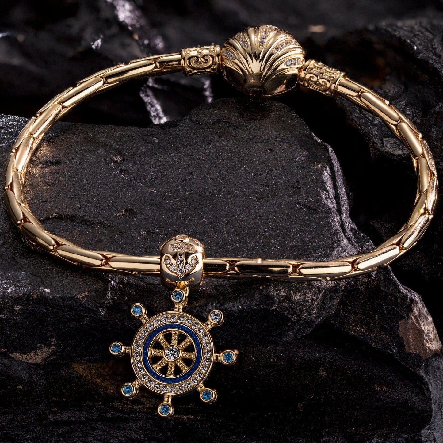 Rudder and Anchor Tarnish-resistant Silver Dangle Charms With Enamel In 14K Gold Plated