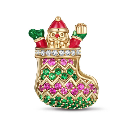 gona- Santa's Surprise Stocking Tarnish-resistant Silver Charms With Enamel In 14K Gold Plated