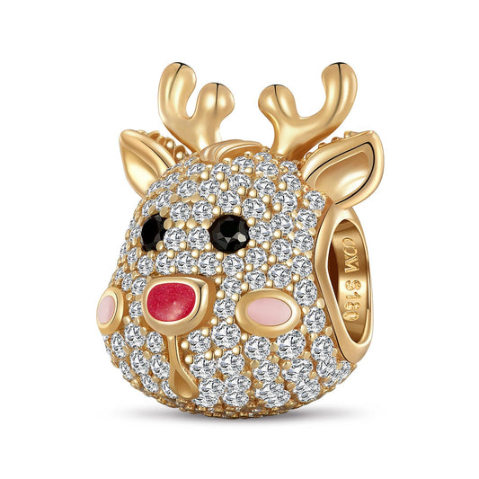 gona- Adorable Reindeer Tarnish-resistant Silver Charms With Enamel In 14K Gold Plated