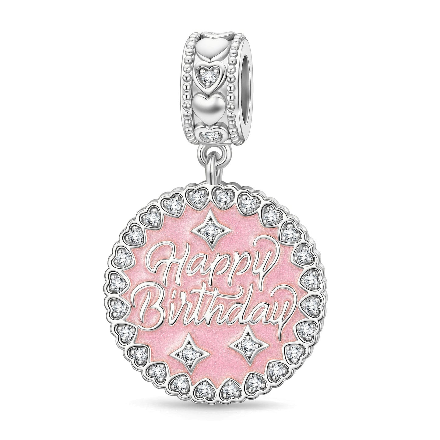 Pink Birthday Wishes Tarnish-resistant Silver Dangle Charms In White Gold Plated