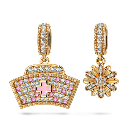 gon- Adorable Nurse Hat Tarnish-resistant Silver Dangle Charms With Enamel In 14K Gold Plated
