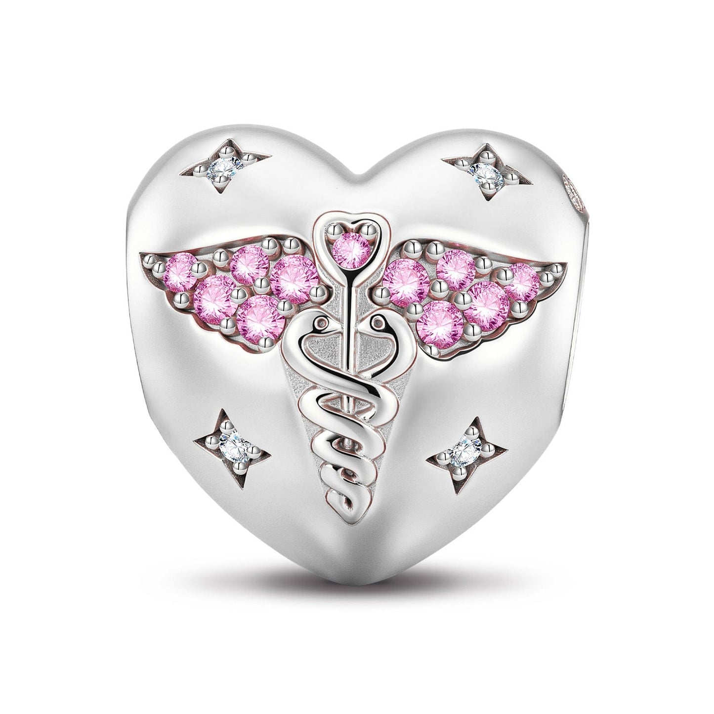 Heartful Caduceus Tarnish-resistant Silver Charms In White Gold Plated