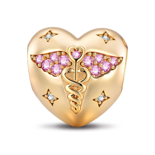 gona- Heartful Caduceus Tarnish-resistant Silver Charms In 14K Gold Plated