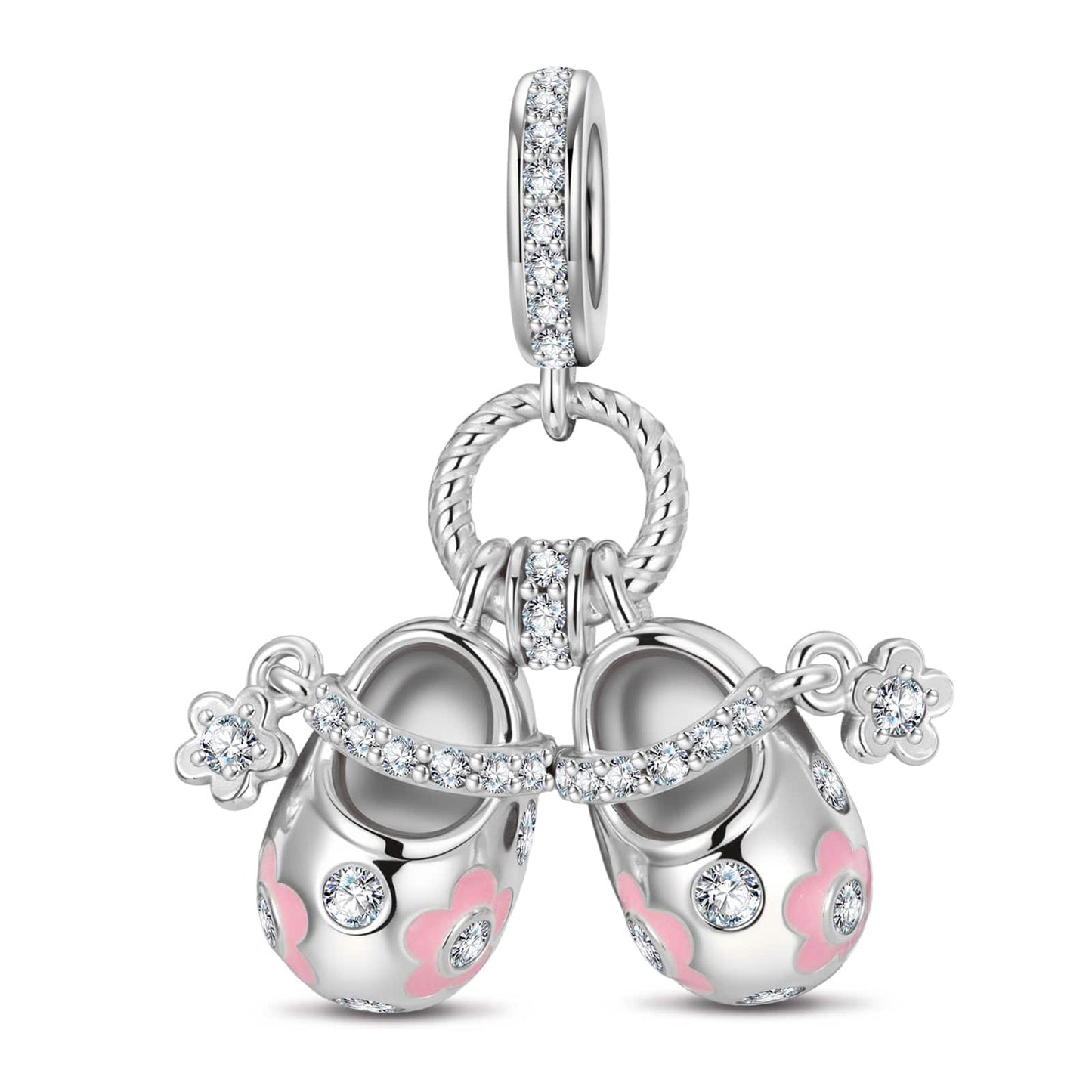 Adorable Baby Shoes Tarnish-resistant Silver Dangle Charms With Enamel In White Gold Plated