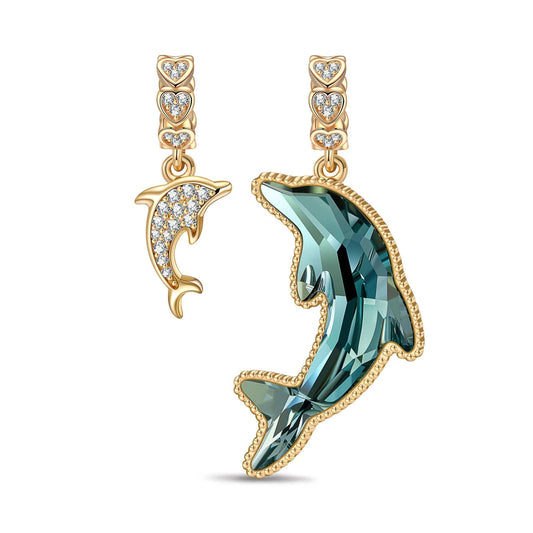 gona- Icy Blue Dolphins Tarnish-resistant Silver Dangle Charms with Crystal from Swarovski In 14K Gold Plated