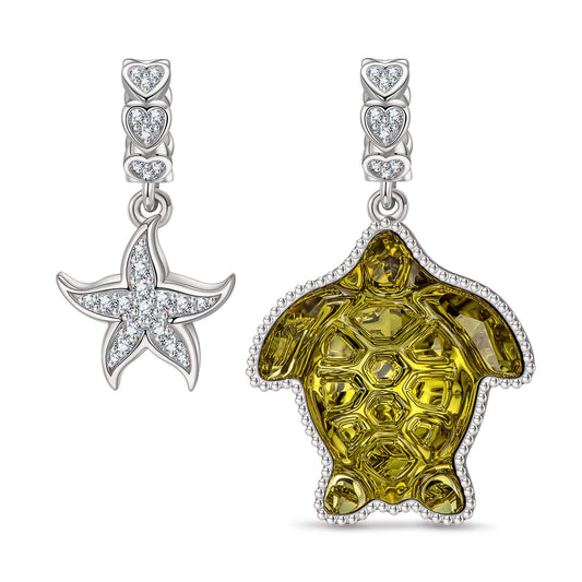 gona- Turtle and Starfish Tarnish-resistant Silver Dangle Charms with Crystal from Swarovski In White Gold Plated