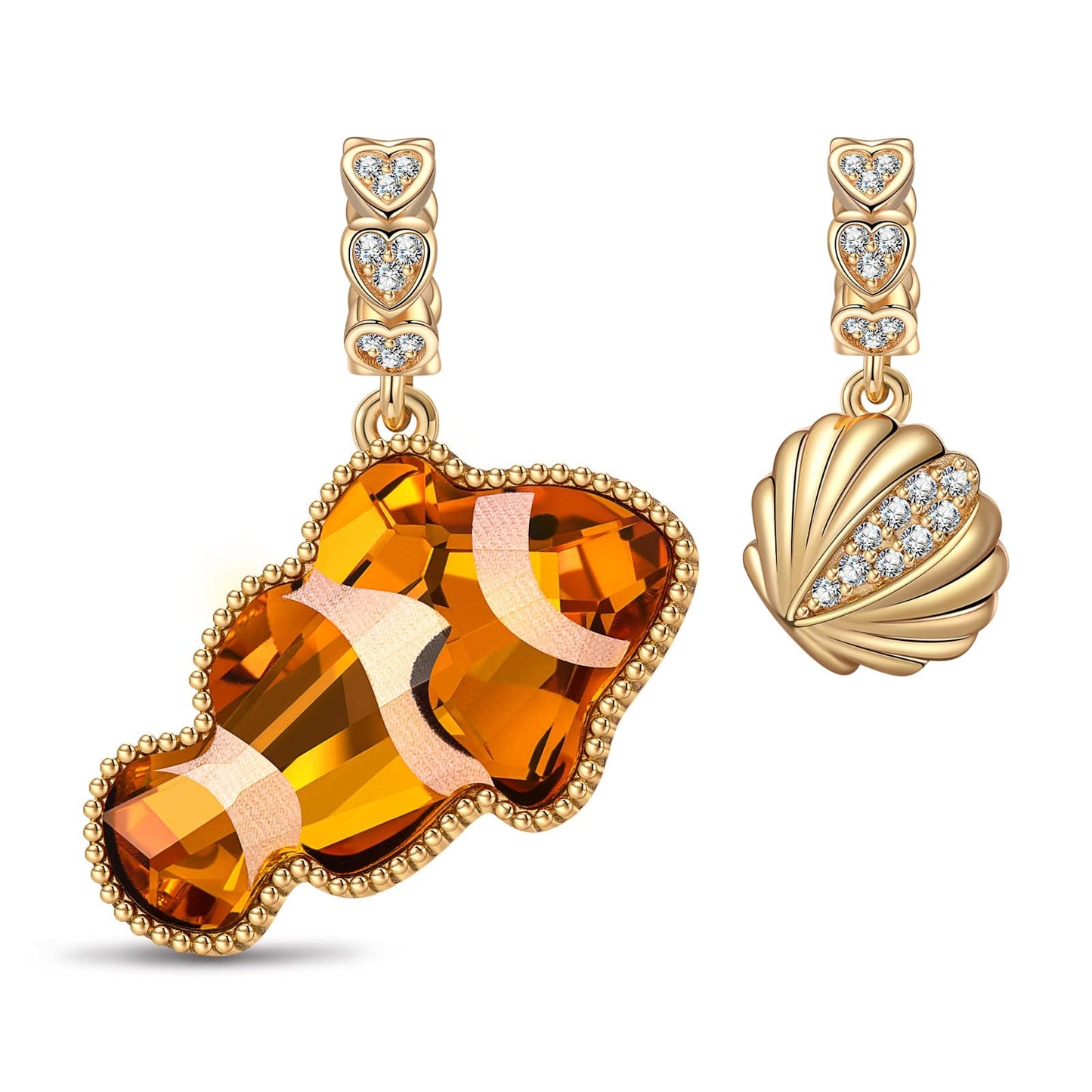Clownfish and Seashell Tarnish-resistant Silver Dangle Charms with Crystal from Swarovski In 14K Gold Plated