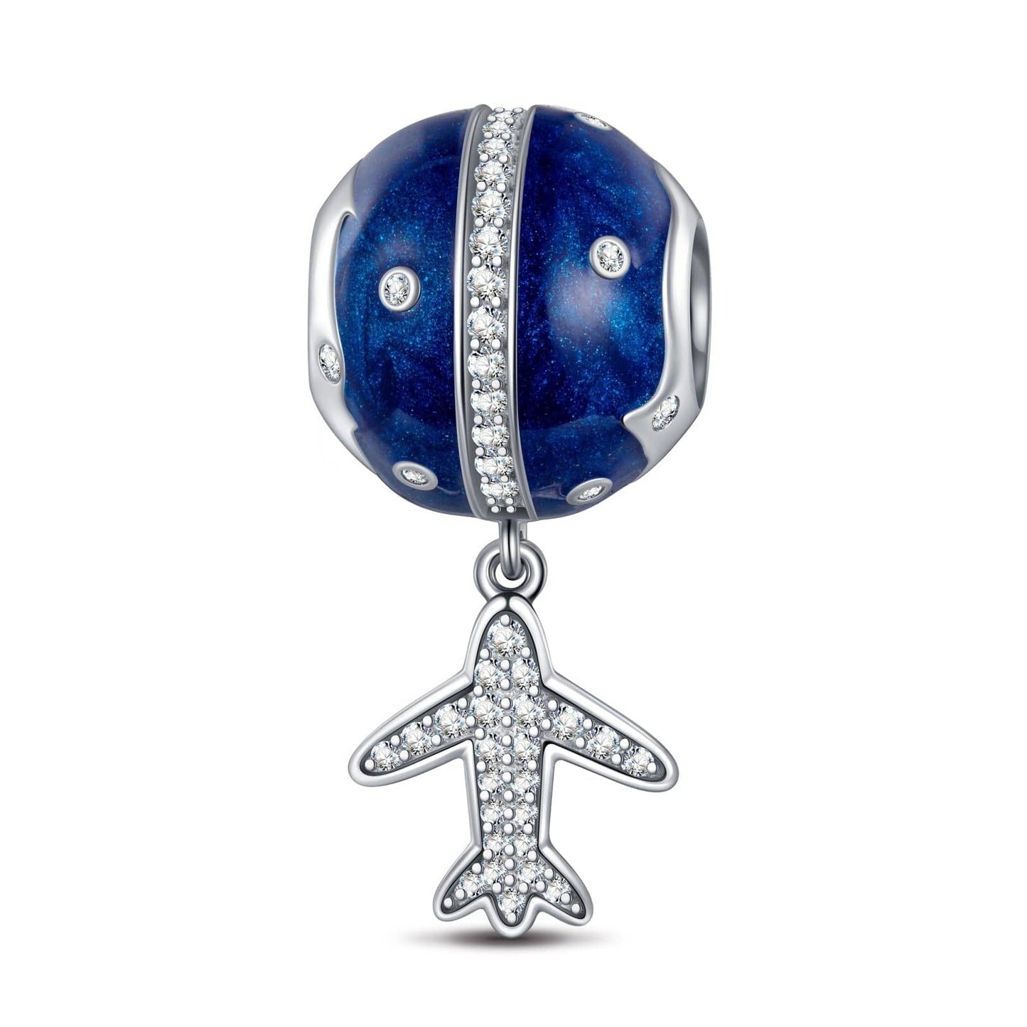 Sterling Silver Flying Around The Equator Dangle Charms With Enamel In White Gold Plated