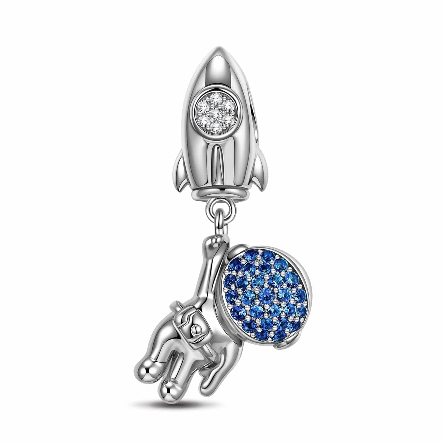 Sterling Silver Astronauts And Rockets Dangle Charms In White Gold Plated