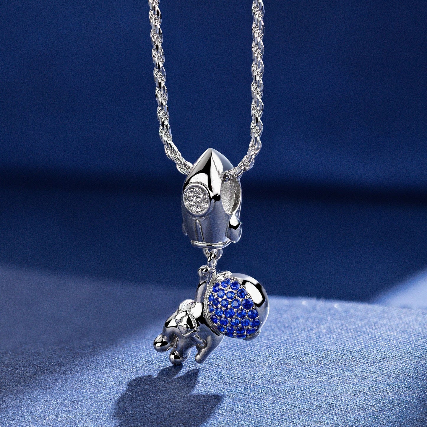 Sterling Silver Astronauts And Rockets Dangle Charms In White Gold Plated