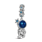 Sterling Silver Astronaut Picking Stars Dangle Charms With Enamel In White Gold Plated