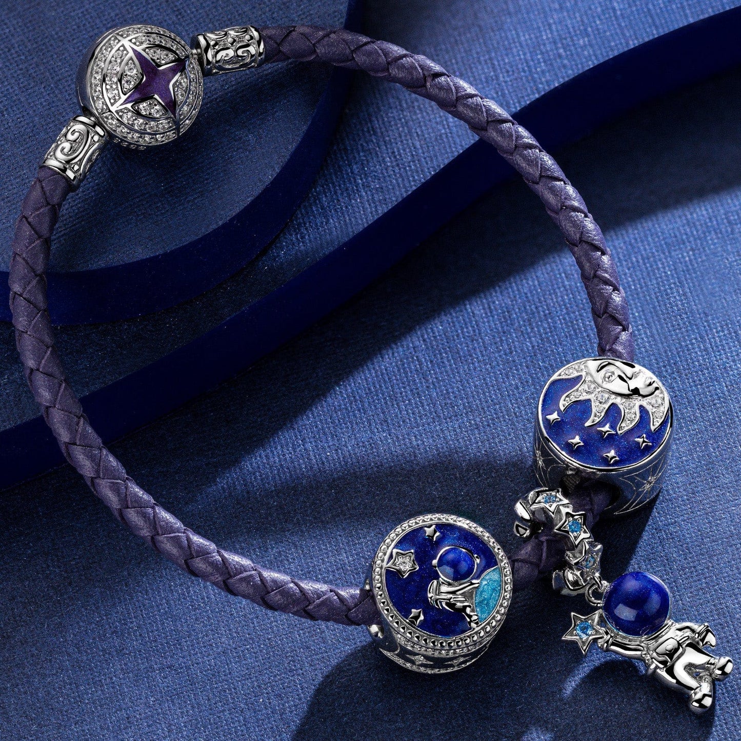 Sterling Silver Astronaut Picking Stars Dangle Charms With Enamel In White Gold Plated