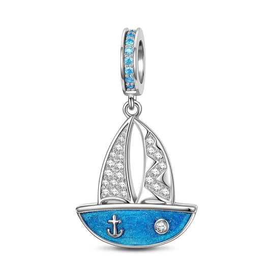 gona- Sterling Silver Blue Sailboat Dangle Charms With Enamel In White Gold Plated