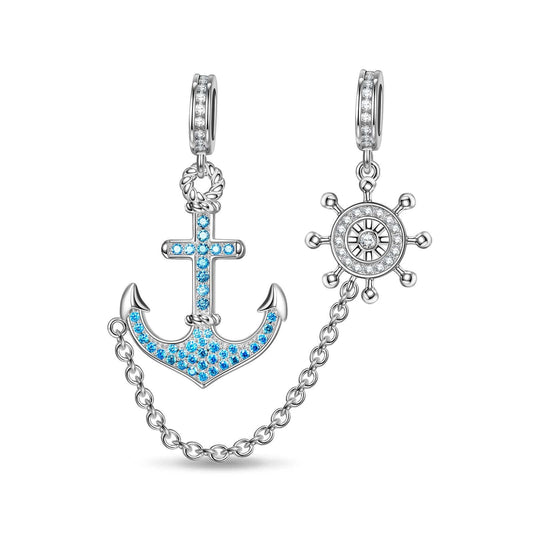 gona- Sterling Silver Anchor And Helm Dangle Charms In White Gold Plated