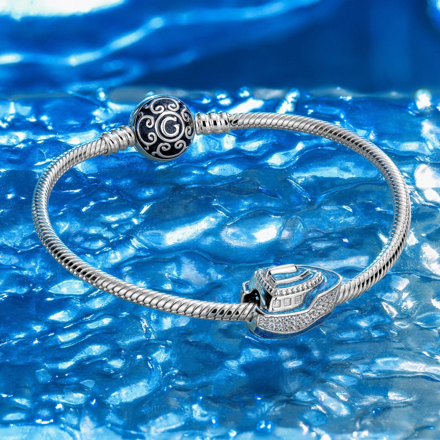 Sterling Silver Blue Luxury Cruise Charms With Enamel In White Gold Plated