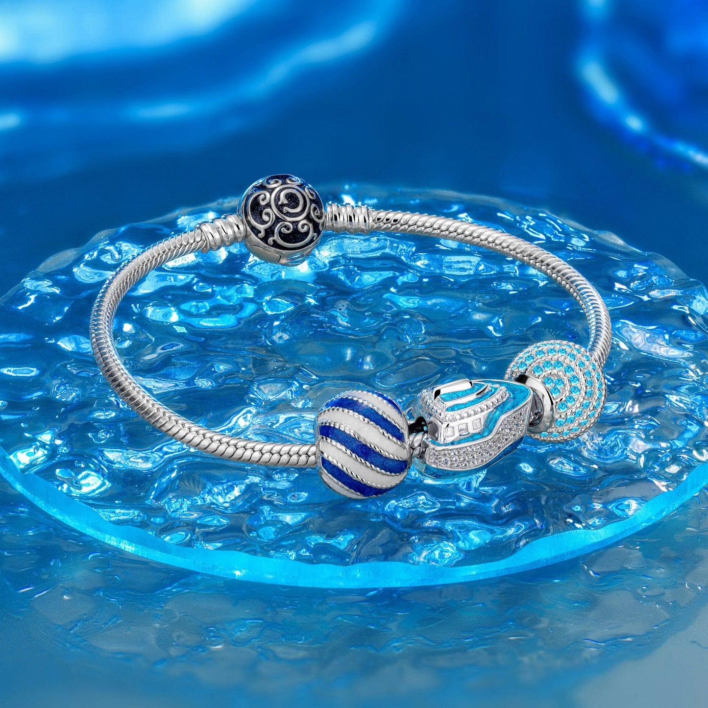 Sterling Silver Blue Luxury Cruise Charms With Enamel In White Gold Plated