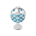 Sterling Silver Blue Kissing Fish Dangle Charms With Enamel In White Gold Plated