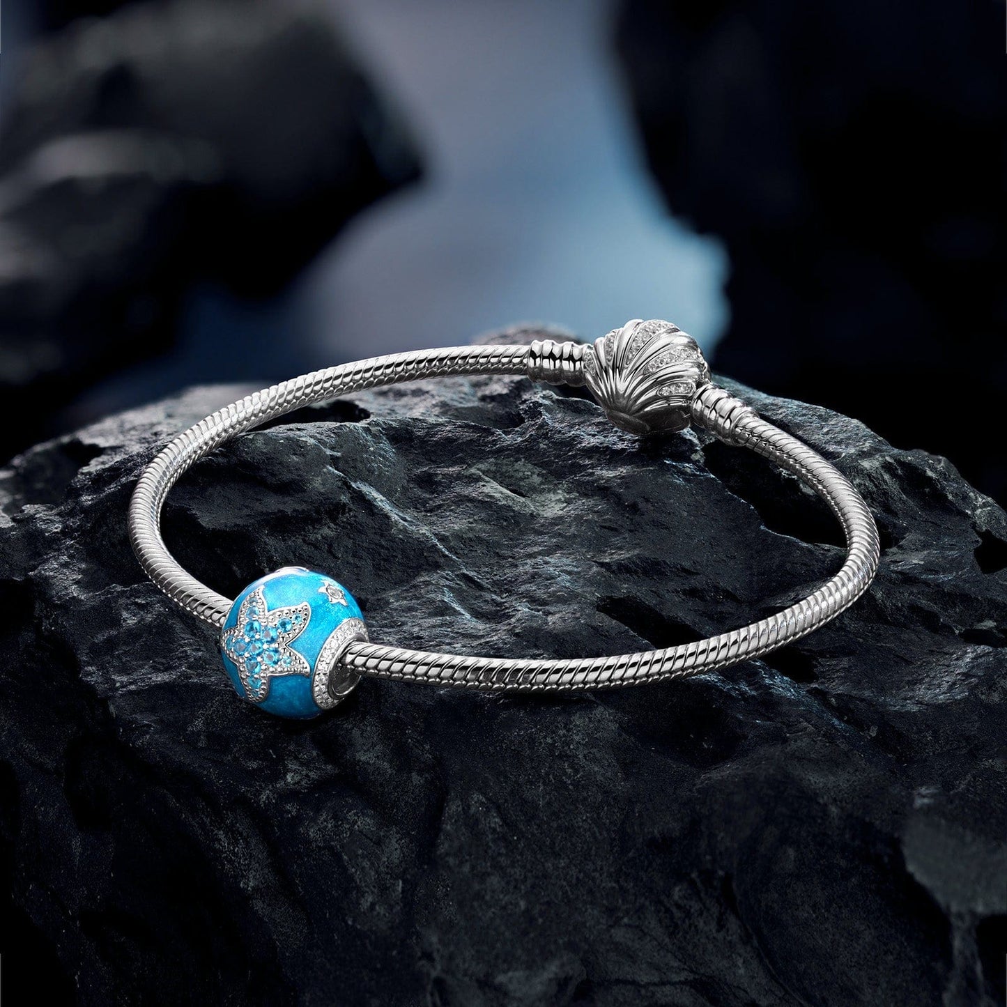Sterling Silver Cute Blue Starfish Charms With Enamel In White Gold Plated