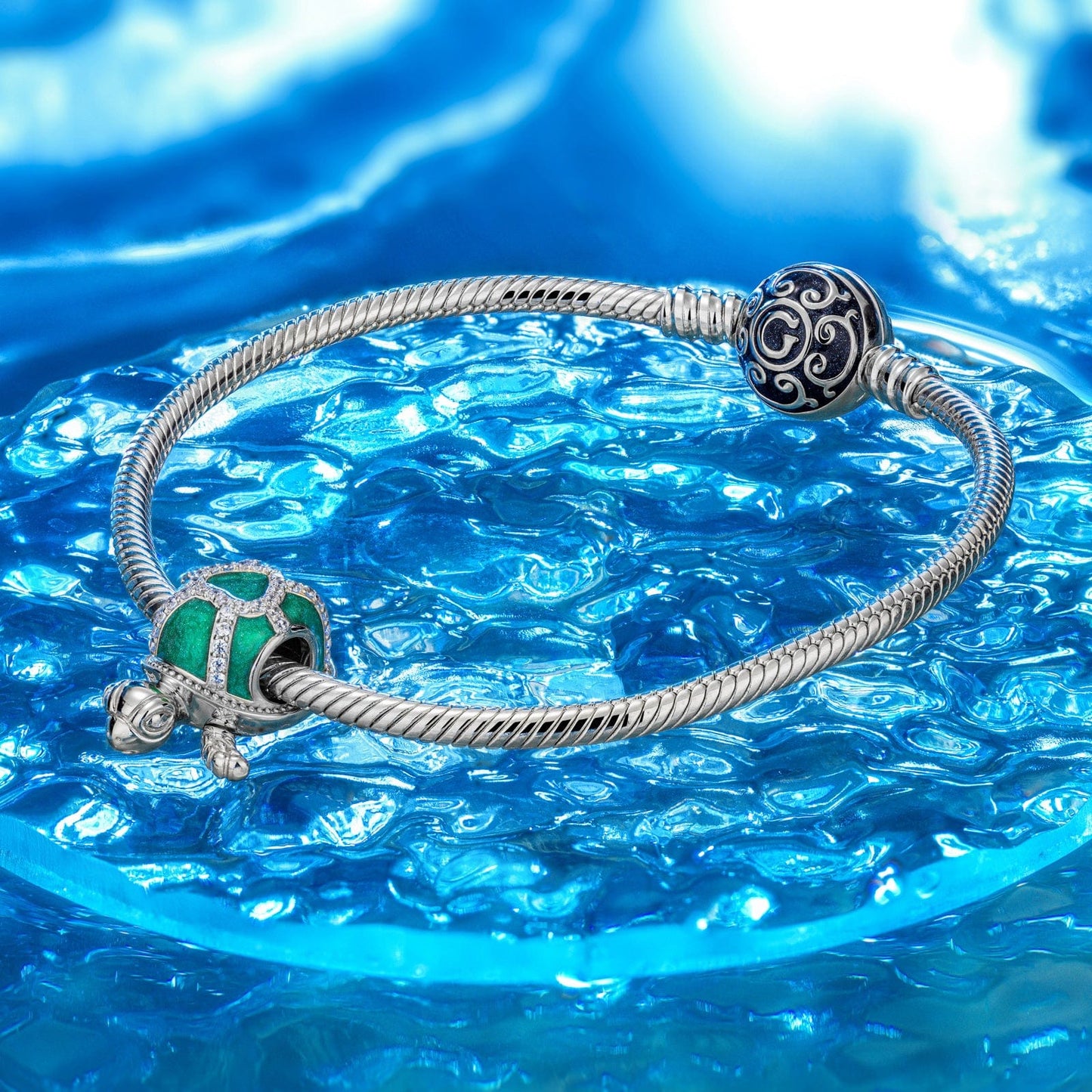 Sterling Silver Cute Green Turtle Charms With Enamel In White Gold Plated