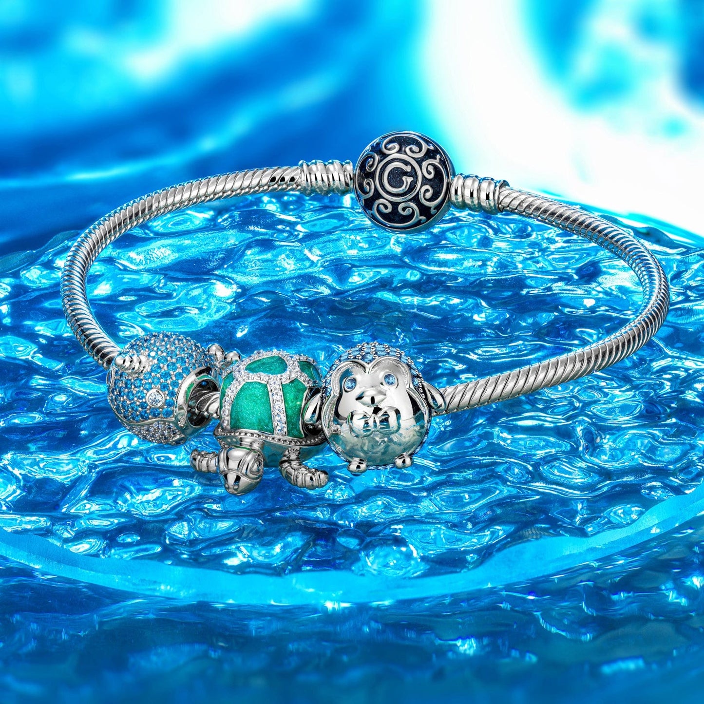 Sterling Silver Cute Green Turtle Charms With Enamel In White Gold Plated