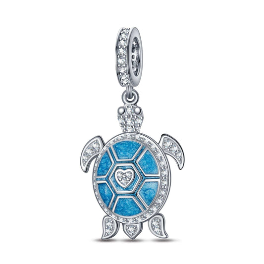 gona- Sterling Silver Blue Turtle Dangle Charms With Enamel In White Gold Plated