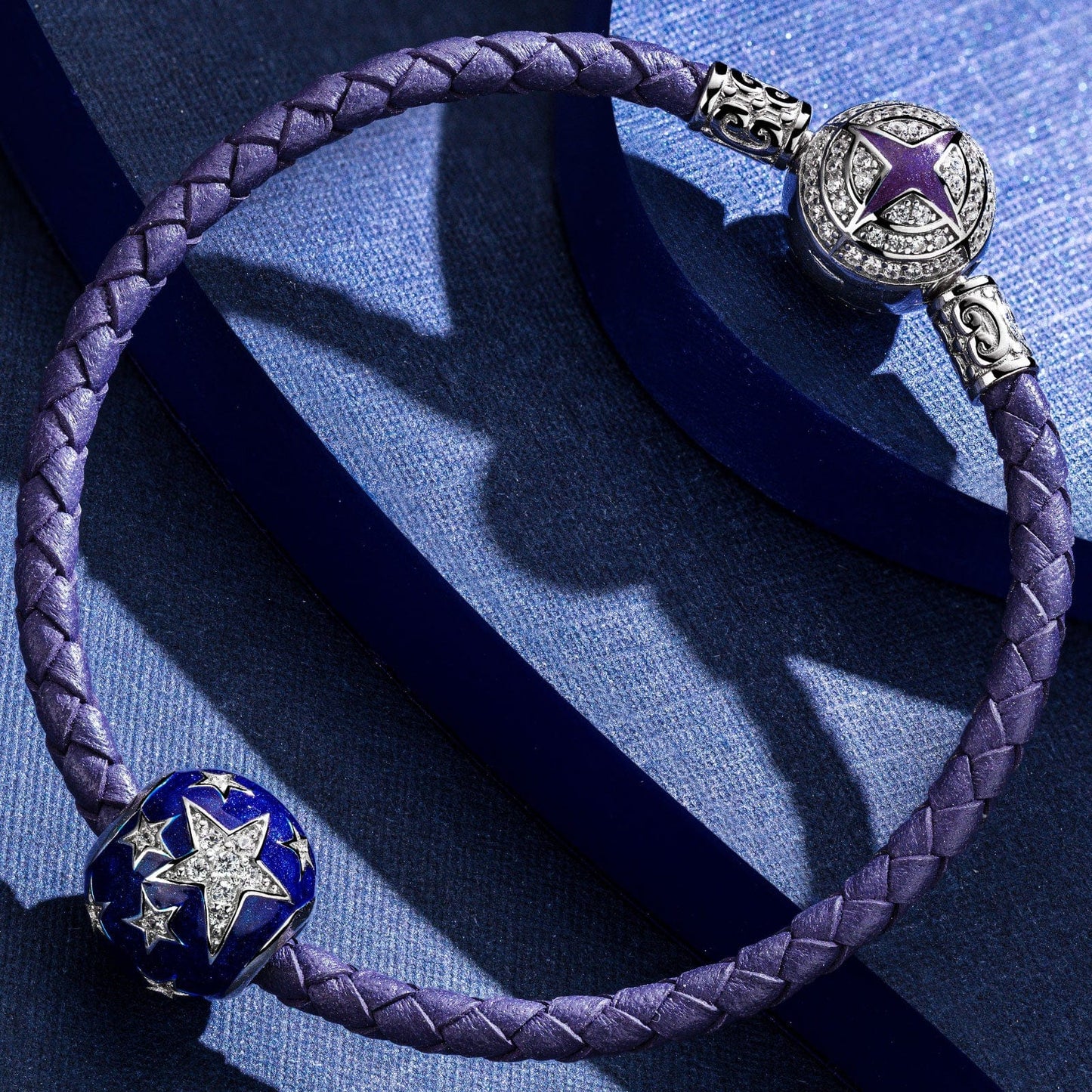 Sterling Silver Shining Stars Charms With Enamel In White Gold Plated