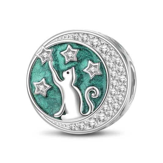 gona- Sterling Silver Cat Picking Stars Charms With Enamel In White Gold Plated