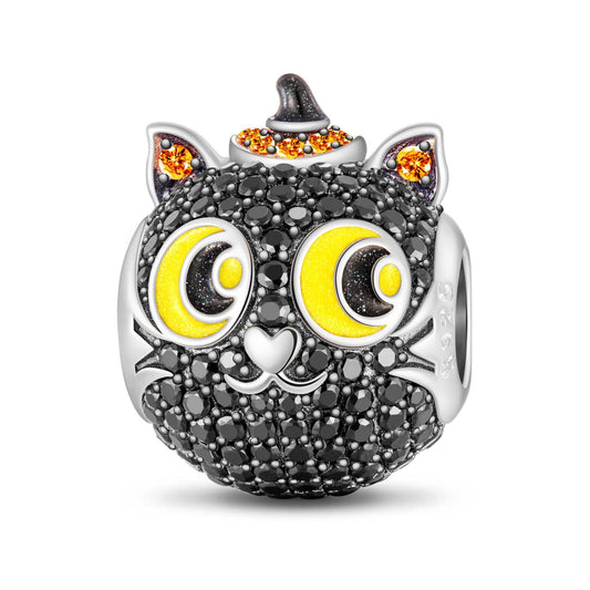 gona- Sterling Silver Halloween Black Cat Charms With Enamel In White Gold Plated