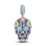 Sterling Silver Skull and Colorful Rose Dangle Charms With Enamel In White Gold Plated
