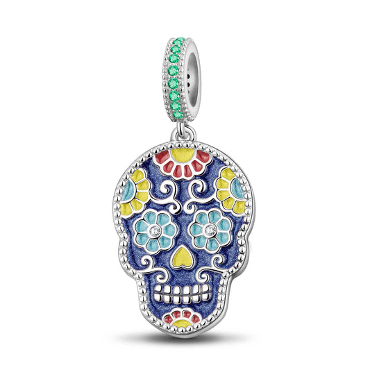 gona- Sterling Silver Skull and Colorful Rose Dangle Charms With Enamel In White Gold Plated