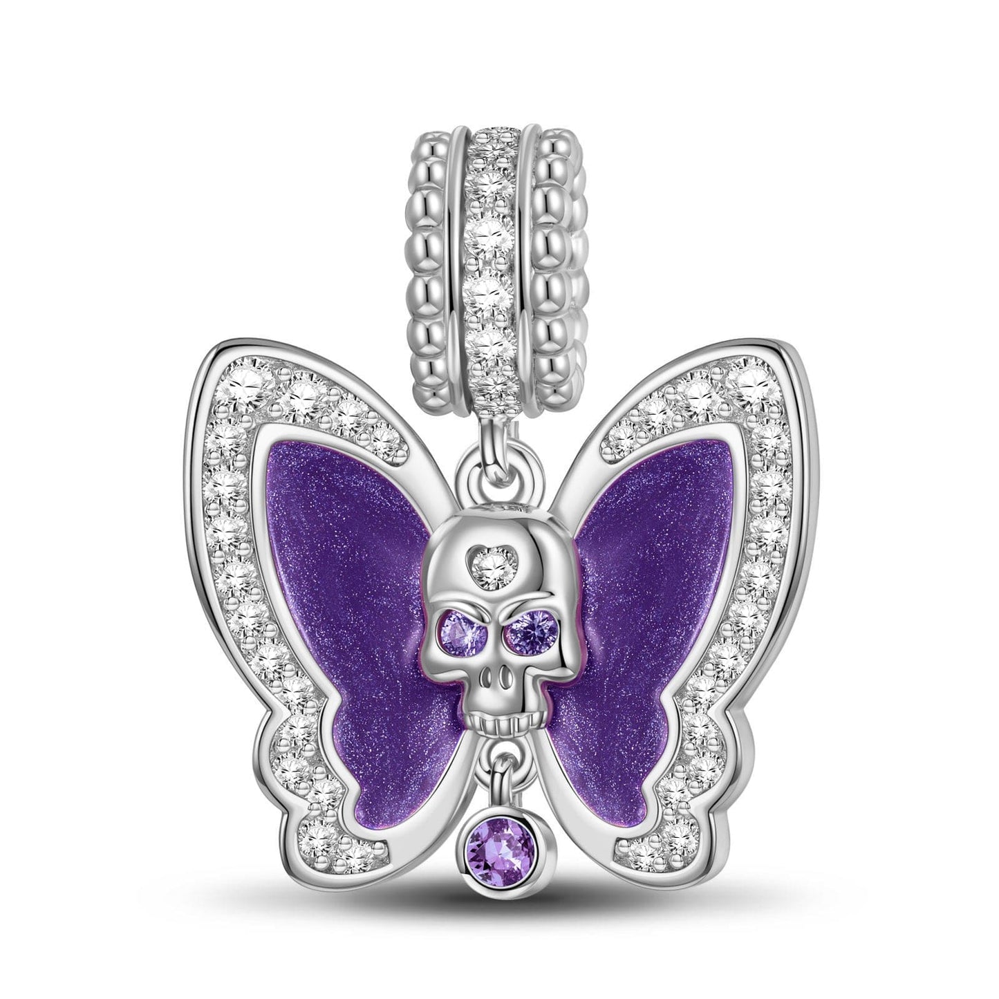 Sterling Silver Skull And Purple Butterfly Dangle Charms With Enamel In White Gold Plated