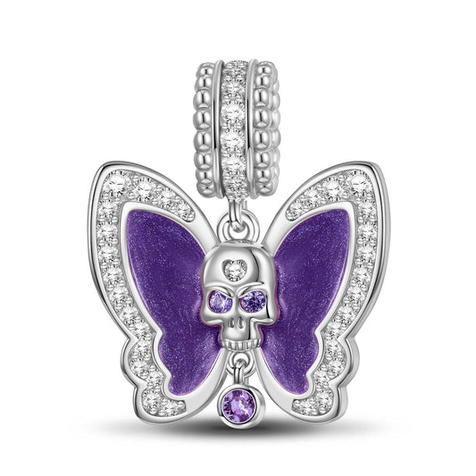 gona- Sterling Silver Skull And Purple Butterfly Dangle Charms With Enamel In White Gold Plated