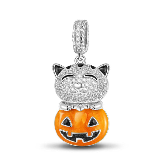 gona- Sterling Silver Cute Pumpkin Cat Dangle Charms With Enamel In White Gold Plated