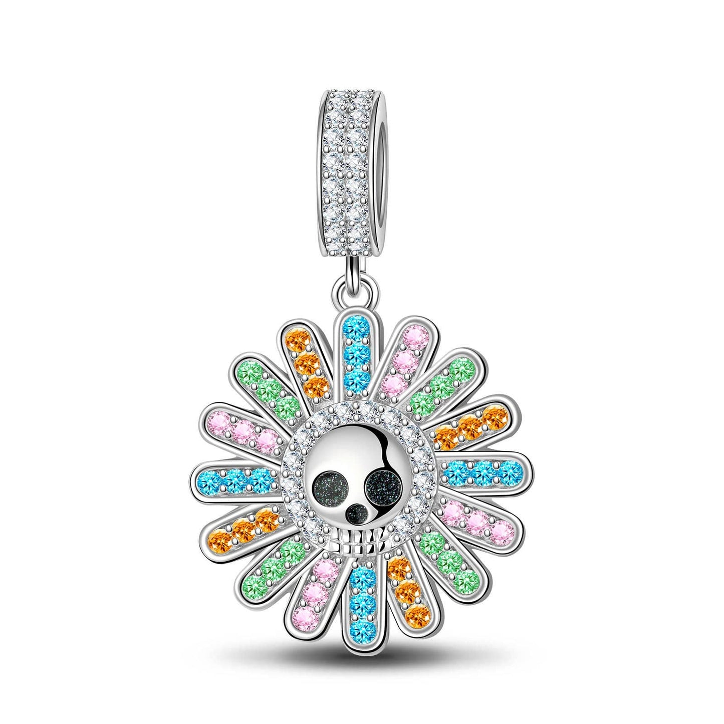 Sterling Silver Colorful Flowers And Skulls Dangle Charms With Enamel In White Gold Plated